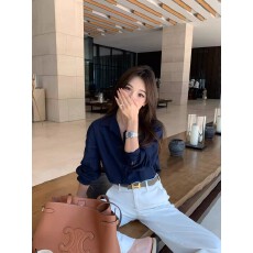 批发法式气质藏蓝色长袖衬衫女纯棉春季韩系宽松显瘦翻领上衣打底外穿