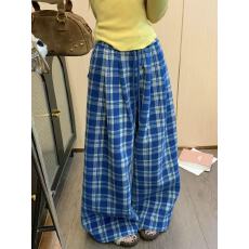 175高个子复古格纹毛呢阔腿裤女高腰宽松松弛感蓝色休闲直筒长裤