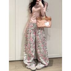 批发175高个子美式复古水洗<b class='q'>碎花</b>阔腿牛仔<b class='q'>裤</b>女宽松显瘦高腰直筒拖地<b class='q'>裤</b>