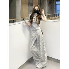 批发175高个子米白格子高腰阔腿休闲裤女宽松显瘦新款百搭直筒拖地裤