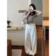 批发175高个子翻腰白<b class='q'>休闲</b>裤女老钱风极简气质度假风时尚百搭阔腿<b class='q'>长裤</b>