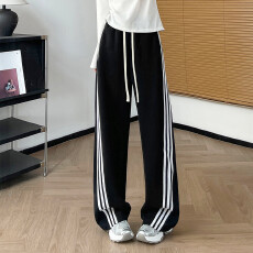 批发实拍175高个子美式复古三条杠阔腿加绒宽松条纹抽绳运动<b class='q'>裤</b>秋冬