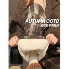 批发孕妇裤咖色毛呢格子裤冬季加绒加厚宽松休闲直筒复古羊羔绒阔腿裤
