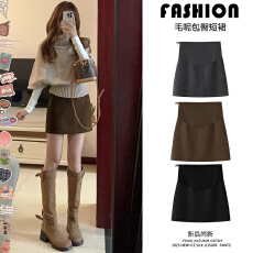 批发孕妇裙咖色毛呢短裙秋冬2025新款显瘦紧身包臀裙小个子a字半身裙