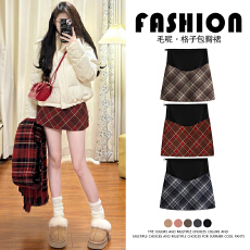 批发孕妇裙<b class='q'>红色</b>格子半身裙秋冬季2025<b class='q'>新款</b>a字包臀裙小个子毛呢短裙子