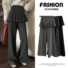 批发孕妇裤秋冬装2025新款假两件叠穿加绒休闲微喇裤长裤百褶屁帘裙裤