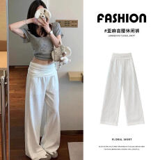 批发孕妇裤白色亚麻阔腿裤夏季薄款翻边腰垂感老钱风直筒遛弯休闲长裤