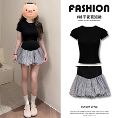 批发孕妇裙黑色花苞半身裙夏季2026新款显瘦a字格纹短裙休闲风蓬蓬裙