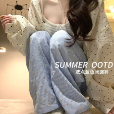 批发孕妇裤波点蓝色阔腿裤夏季薄款2026新款休闲宽松高腰垂感山本裤子