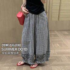 孕妇裤夏季薄款2026韩系慵懒风甜美花边百搭格纹九分休闲灯笼裤子