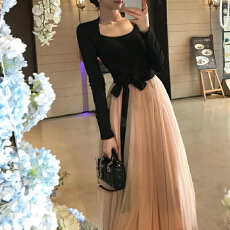批发法式方领长袖拼接网纱连衣<b class='q'>裙</b>女秋装收腰显瘦气质长款<b class='q'>礼服</b><b class='q'>裙</b>仙女<b class='q'>裙</b>