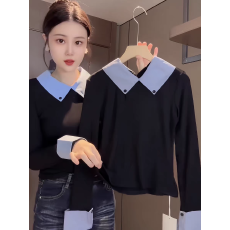 批发韩系风高级感Polo领长袖T恤女2025秋冬新款百搭<b class='q'>假两件</b>撞色小上衣