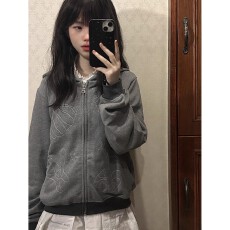 批发欣旺 官图 仿棉华棉复合牛奶丝320克 美式复古连帽卫衣开衫女上衣