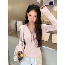 批发欣旺 官图 随心裁莫代尔260克1*1 韩系<b class='q'>甜美</b>v领纽扣长袖t恤女上衣