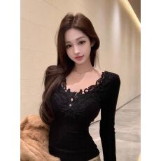 批发欣旺 官图 广州罗纹德绒270克1*1 小众设计感蕾丝花边<b class='q'>长袖</b><b class='q'>T</b><b class='q'>恤</b>上衣