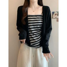 批发欣旺 官图 原版布料 秋季<b class='q'>吊带</b>条纹背心长袖纯色开衫上衣两件套女