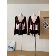 批发欣旺 官图 广州原版布料+<b class='q'>羊绒</b> 咖色<b class='q'>开衫</b>波点背心休闲百搭两件套潮