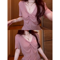 欣旺 官图 天丝罗纹110克1*1 温柔风V领扭结短袖T恤慵懒甜美上衣