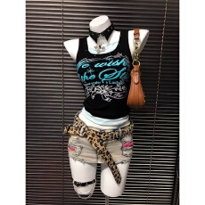 批发欣旺 官图 40支纯棉罗纹210克1*1 黑色印花拼接假两件背心上衣女