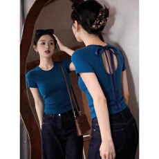 批发欣旺 官图 随心裁<b class='q'>莫代尔</b>260克1*1 蝴蝶结绑带镂空蓝色短袖<b class='q'>t</b><b class='q'>恤</b>夏季