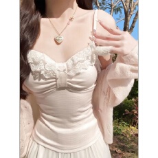 批发欣旺 官图 原版棉提花+带胸垫+可调节+全针线 蕾丝拼接扭结小上衣
