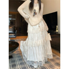 批发大码实拍2025秋冬新款高级感<b class='q'>蕾丝</b>拼接<b class='q'>半身裙</b>女韩版丝绒褶皱蛋糕裙