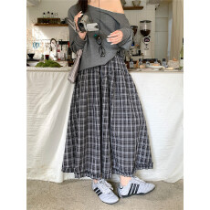 批发大码实拍2026春季新款<b class='q'>复古</b>黑色格子半身裙女木耳边下摆A字中<b class='q'>长裙</b>