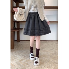 批发大码实拍木耳边毛呢<b class='q'>半身裙</b>女2026秋冬<b class='q'>新款</b>显瘦松紧高腰A字中裙