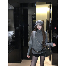 批发实拍实价不规则蝙蝠袖针织秋冬毛衣加绒黑色辣妹<b class='q'>牛仔</b><b class='q'>短裤</b>两件套