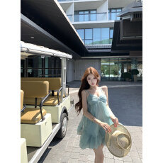 批发实拍实价  法式甜美<b class='q'>夏季</b>薄荷绿吊带雪纺荷叶边连衣裙