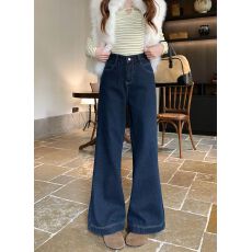 批发实拍~加绒加厚深蓝色不贴腿微喇牛仔裤女秋<b class='q'>冬</b>高腰显瘦宽松喇叭裤