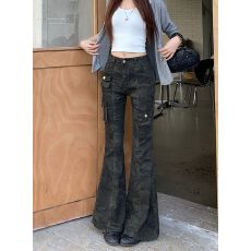 批发实拍~美式复古<b class='q'>迷彩</b>微喇叭牛仔<b class='q'>裤</b>女春季辣妹设计感修身显瘦长<b class='q'>裤</b>子