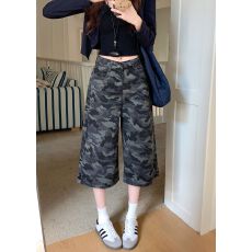 批发实拍~美式复古<b class='q'>迷彩</b>牛仔<b class='q'>裤</b>女高腰宽松显瘦阔腿<b class='q'>裤</b><b class='q'>辣妹</b>七分<b class='q'>裤</b>中<b class='q'>裤</b>