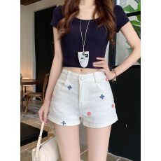 实拍~复古韩系白色刺绣牛仔短裤女夏季新款时尚高腰辣妹热裤ins