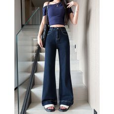 批发实拍~美式深蓝色不贴腿微喇牛仔裤女夏季新款<b class='q'>高腰</b>显瘦宽松喇叭裤