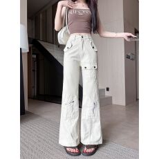 批发实拍~美式多口袋工装牛仔裤女春秋设计感<b class='q'>高腰</b>直筒微喇叭阔腿裤