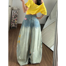 批发美式复古设计感涂鸦印花<b class='q'>牛仔裤</b>女夏季新款宽松显瘦<b class='q'>时尚</b>百搭长裤