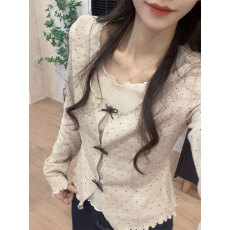 批发实价 韩系波点木耳边假两件长袖<b class='q'>t</b><b class='q'>恤</b>女秋修身显瘦内搭短款打底上衣