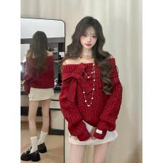 实价 圣诞红色蝴蝶结一字肩长袖毛衣女秋冬内搭慵懒高级针织上衣