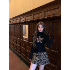 批发实价 美式辣妹豹纹星星正肩长袖<b class='q'>t</b><b class='q'>恤</b>女秋冬设计感小众内搭打底上衣