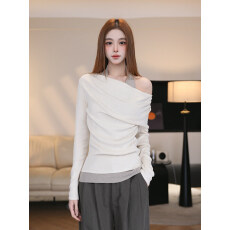 实价 早春新款假两件温柔风针织女浅粉显白显瘦时尚百搭修身上衣