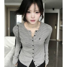 批发实价 黑灰条纹薄款小<b class='q'>开衫</b><b class='q'>女</b>春季显瘦长袖外套百搭休闲上衣