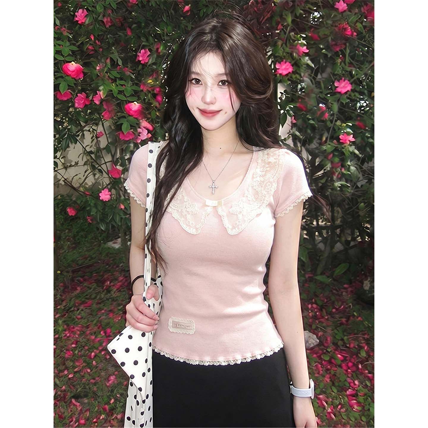 RY8249# 实价 粉色甜美风蕾丝娃娃领正肩短袖t恤女夏季设计感收腰辣妹上衣