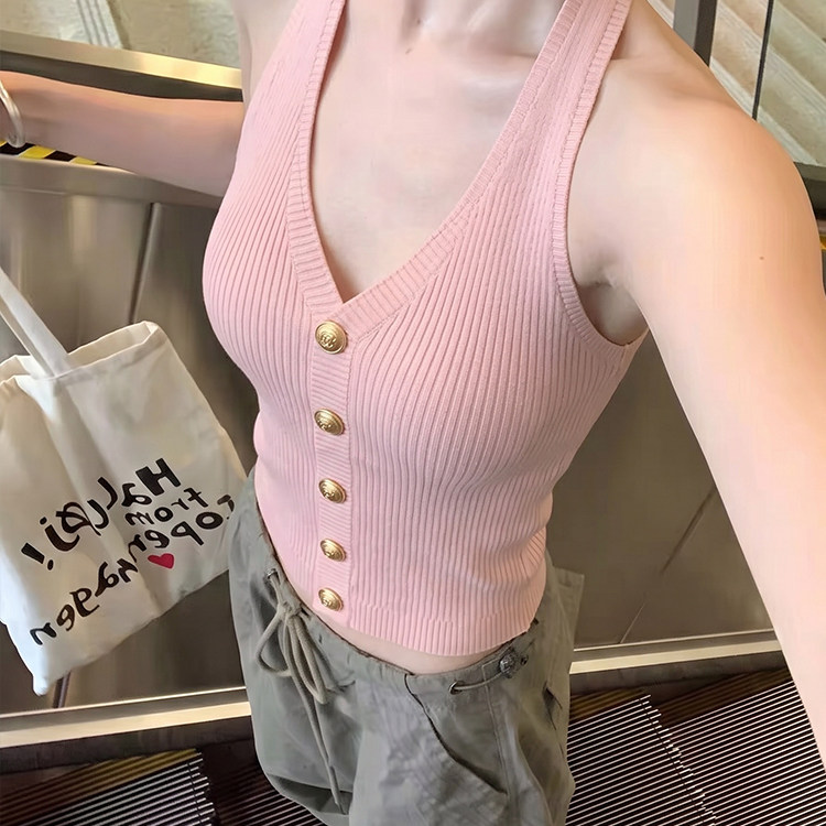 RY8248# 实价 粉色金属扣挂脖吊带背心女夏季少女感百搭超好看v领无袖上衣