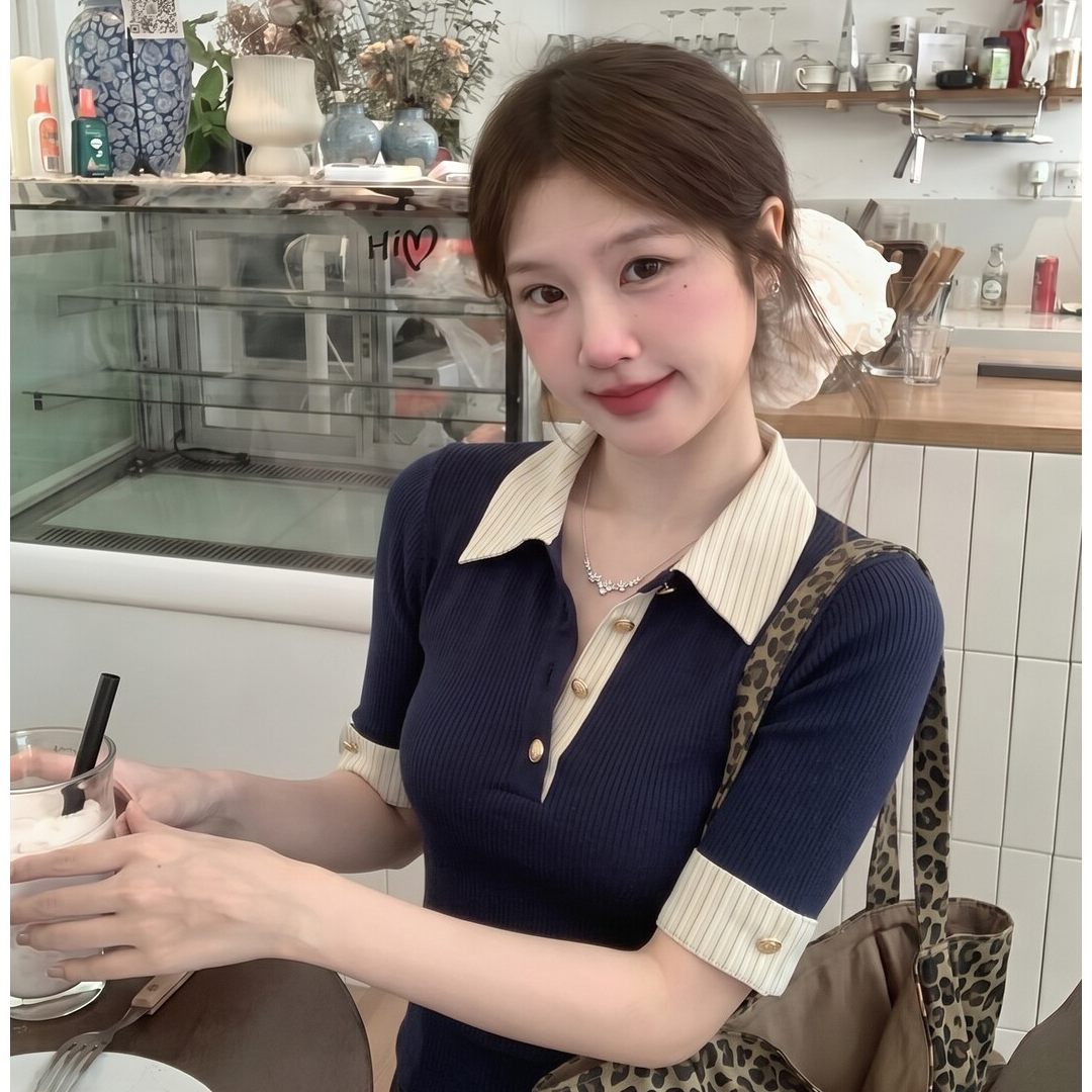 RY8247# 实价 复古风假两件polo领短袖t恤女夏季巨好看的气质修身显瘦上衣