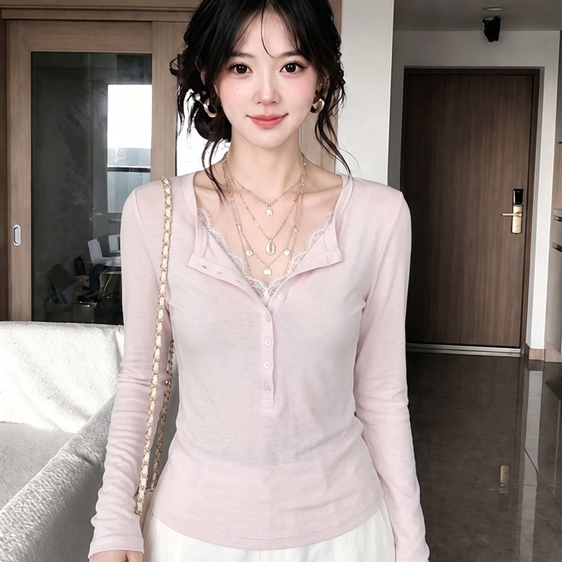 RY8246# 实价 韩系粉色蕾丝拼接长袖t恤女春秋季修身显瘦正肩打底衫上...
