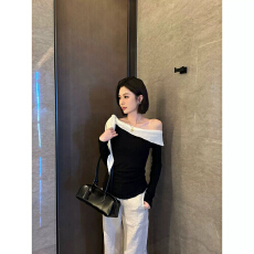 批发实价 法式别致蝴蝶结系带露肩针织上衣女秋季新款内搭打底衫
