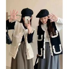 批发法式设计感木耳边拼接小香风马甲女秋冬短款百搭坎肩开衫马夹外套