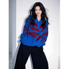 批发超好看内搭上衣宝蓝色撞色polo领宽松加厚针织毛衣女秋