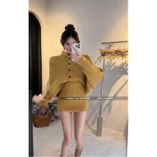 批发2025新款<b class='q'>韩版</b>宽松休闲时尚百搭显瘦高领长袖上衣+半身裙两件套女